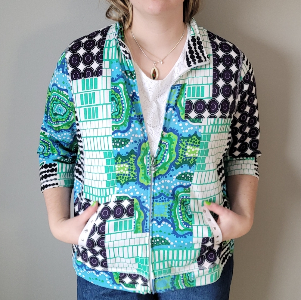 Blue bohemian patterned zip up jacket